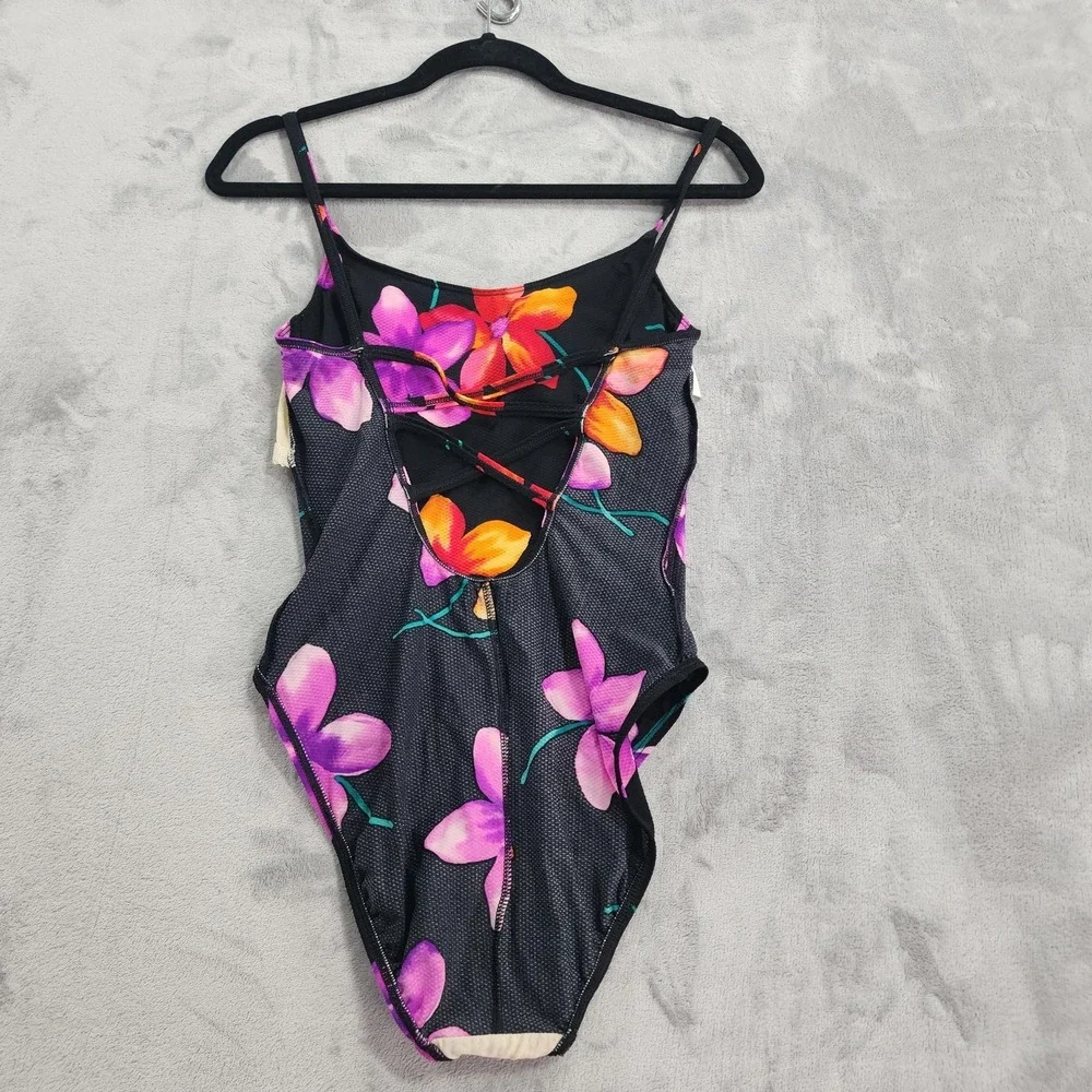 Vintage Beach Cabana Swimsuit M Black Floral One‎ Piece Padded Lined Stretch